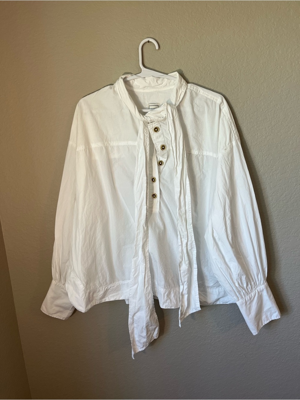Anthropologie Maeve White Tie Neck Poplin Blouse Gold Buttons Size L